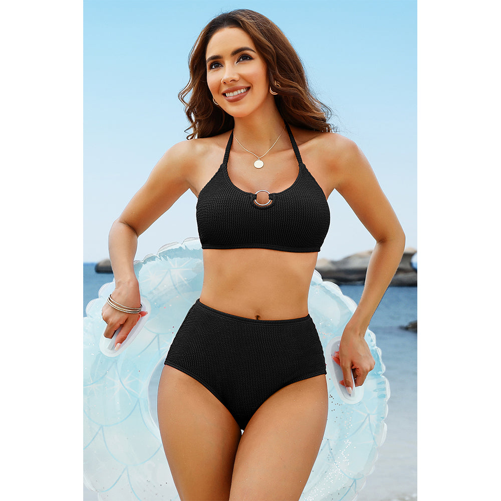 Charmo Women's Black Ribbed Halter O Ring High Waist Bikini Set