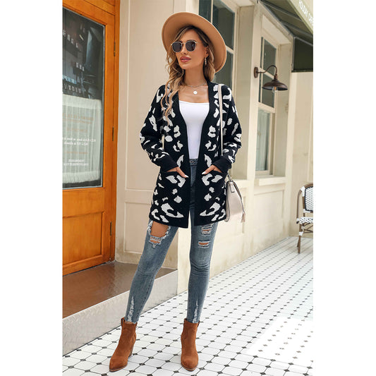 V For City Women's Black and White Leopard Print Open-Front Longline Cardigan