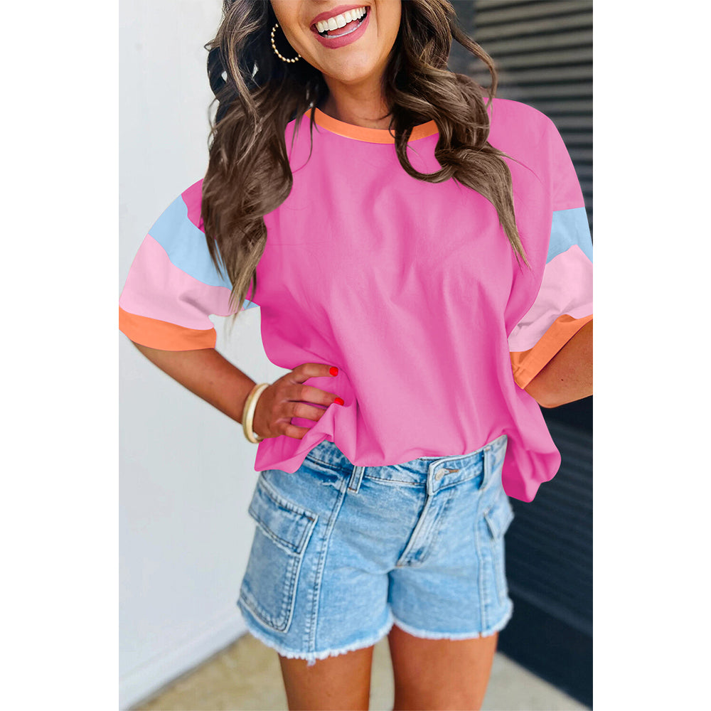 Attraco Women's Oversized Color Block Half-Sleeve Drop-Shoulder Blouse Summer T-shirt