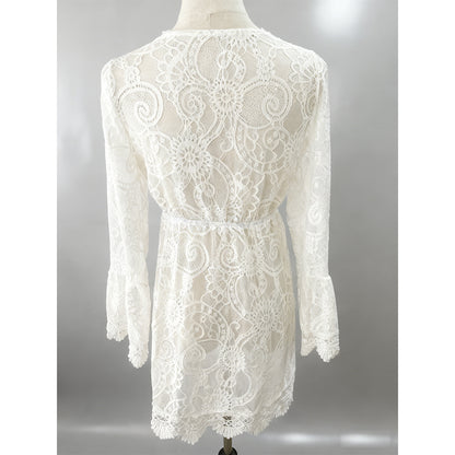 Charmo Women's Flowy Long-Sleeve Lace Cover Up with Deep V-Neck & Self-Tie Waist