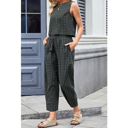 Attraco Women Sleeveless Cropped Top 2 Piece Gingham Loungewear Set Elastic Waist Pocket Wide Leg Cropped Pants Sets