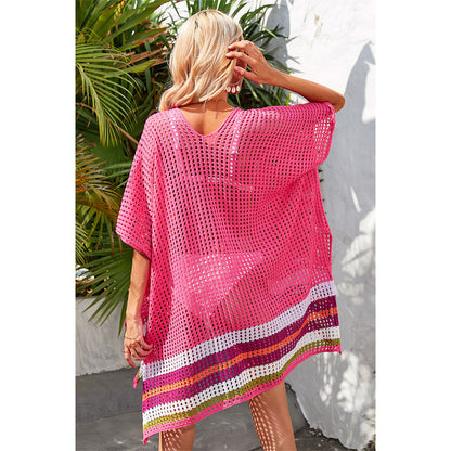 Charmo Women's Loose Openwork Color Block Side Slits Beach Cover Up