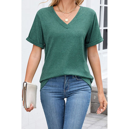 Attraco Women's V-Neck Rolled Cuff Short Sleeve Loose Fit Casual T-Shirt Summer Tops