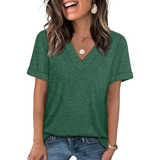 Attraco Women's V-Neck Rolled Cuff Short Sleeve Loose Fit Casual T-Shirt Summer Tops