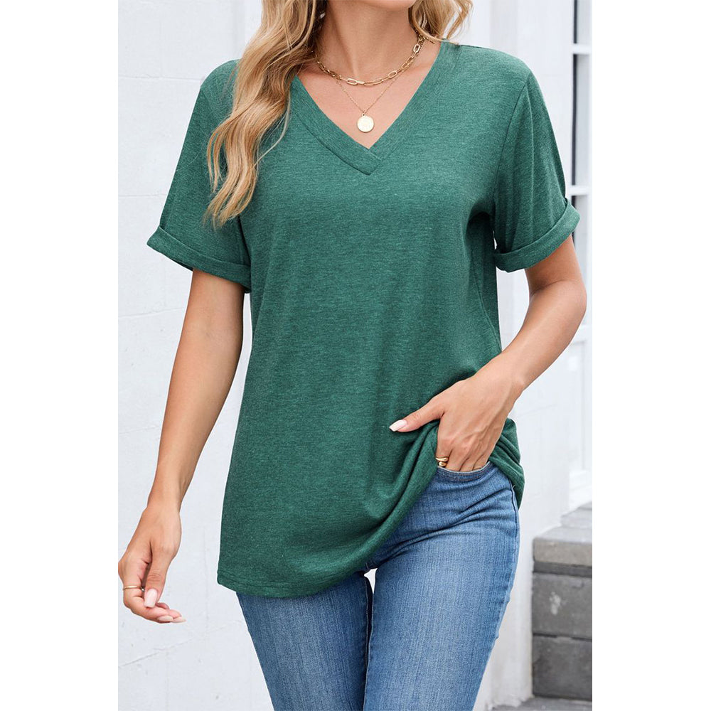 Attraco Women's V-Neck Rolled Cuff Short Sleeve Loose Fit Casual T-Shirt Summer Tops