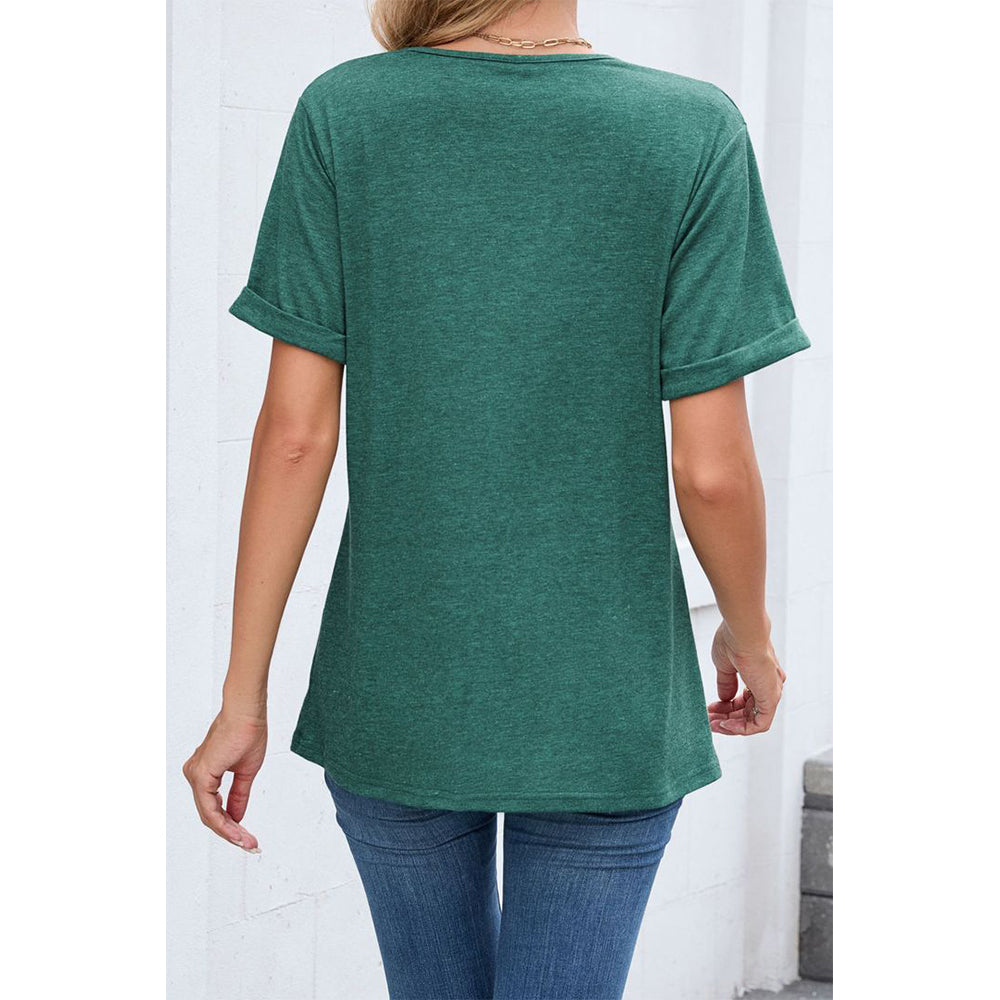 Attraco Women's V-Neck Rolled Cuff Short Sleeve Loose Fit Casual T-Shirt Summer Tops