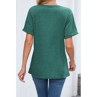 Attraco Women's V-Neck Rolled Cuff Short Sleeve Loose Fit Casual T-Shirt Summer Tops