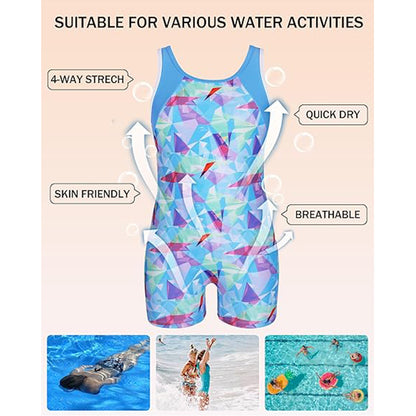 Charmo Girls Geometric Blue Print Boyleg One Piece Swimsuit Athletic Bathing Suit Competitive Swimwear Size 7-14 Years