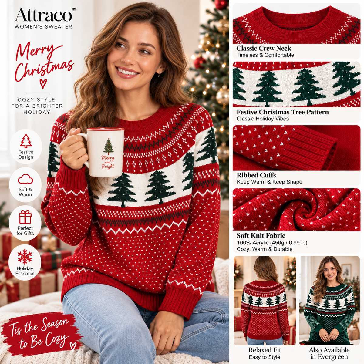 Attraco Women's Christmas Tree Fair Isle Sweater Long Sleeve Crewneck Knit Pullover Ugly Christmas Sweater Holiday Party Top