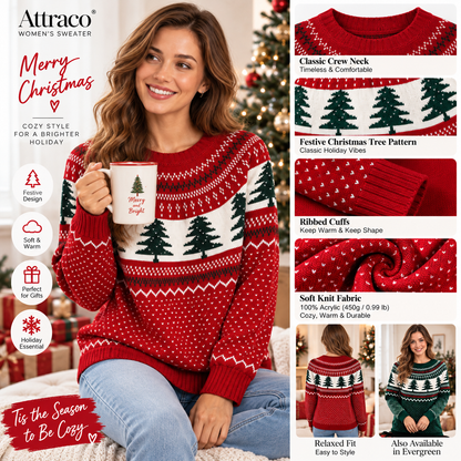 Attraco Women's Christmas Tree Fair Isle Sweater Long Sleeve Crewneck Knit Pullover Ugly Christmas Sweater Holiday Party Top