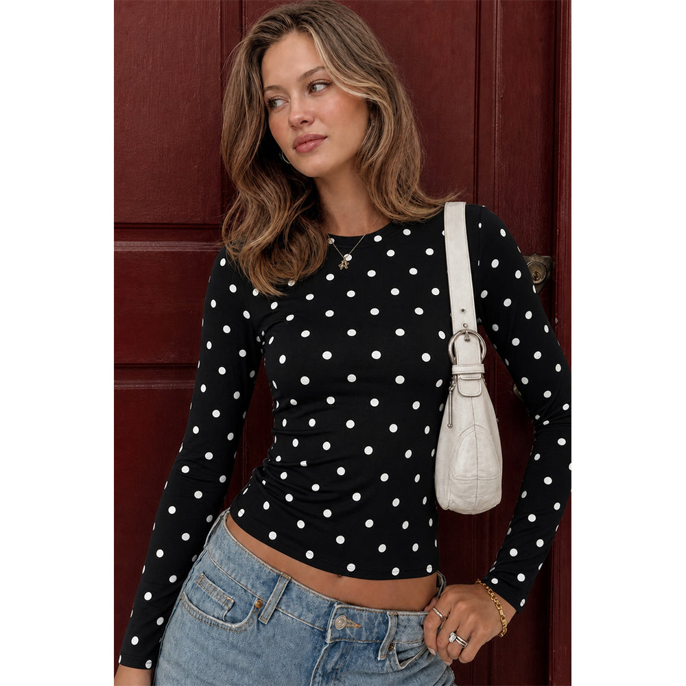 Attraco Women's Long Sleeve Polka Dot Top Crew Neck Slim Fit Casual Shirt
