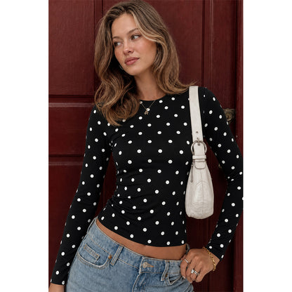Attraco Women's Long Sleeve Polka Dot Top Crew Neck Slim Fit Casual Shirt