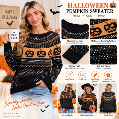 Attraco Women's Halloween Pumpkin Sweater Long Sleeve Crewneck Fair Isle Knit Pullover Fall Cozy Holiday Jumper