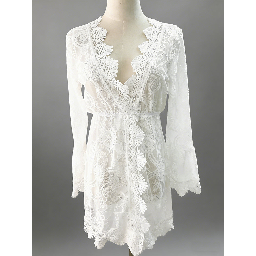 Charmo Women's Flowy Long-Sleeve Lace Cover Up with Deep V-Neck & Self-Tie Waist