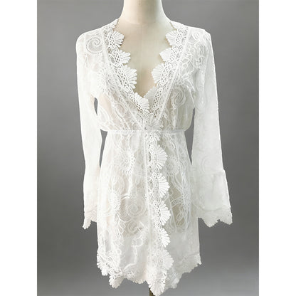 Charmo Women's Flowy Long-Sleeve Lace Cover Up with Deep V-Neck & Self-Tie Waist