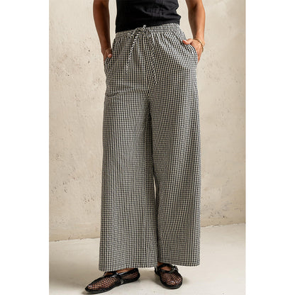 Attraco Women's Gingham Wide Leg Pants with Drawstring Waist & Pockets
