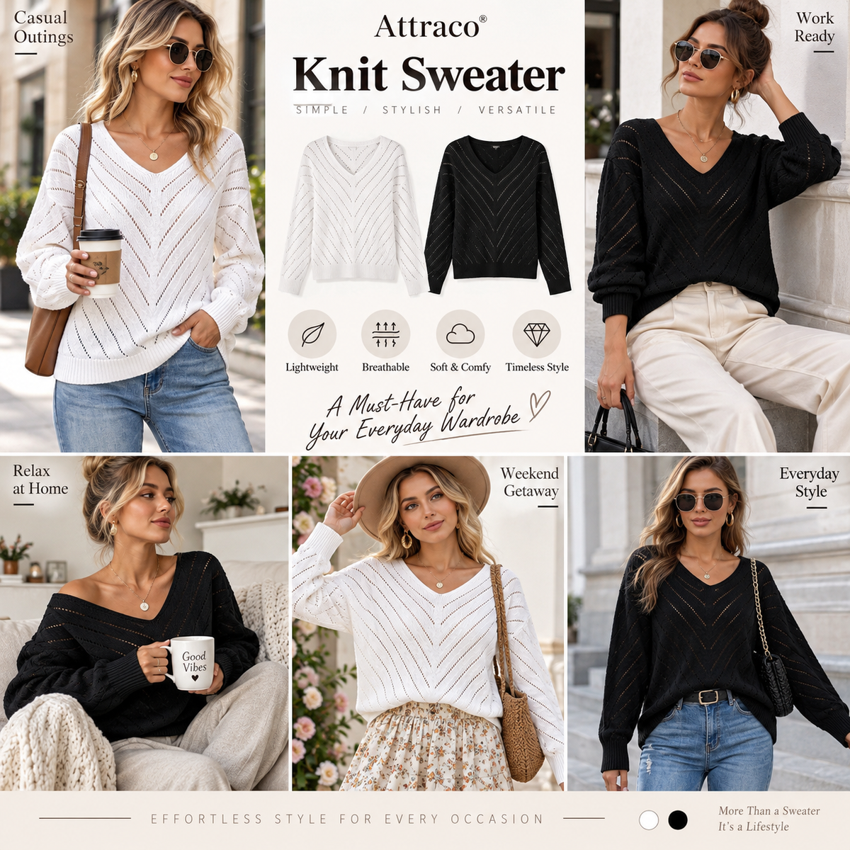 Attraco Women's Open Knit V Neck Sweater Long Sleeve Lightweight Hollow Out Pullover Top