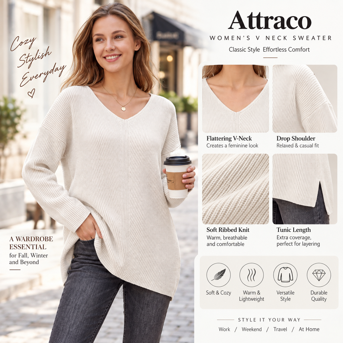 Attraco Women's Oversized V Neck Tunic Sweater Long Sleeve Ribbed Knit Pullover Casual Fall Winter Soft Cozy Top