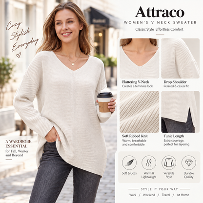 Attraco Women's Oversized V Neck Tunic Sweater Long Sleeve Ribbed Knit Pullover Casual Fall Winter Soft Cozy Top