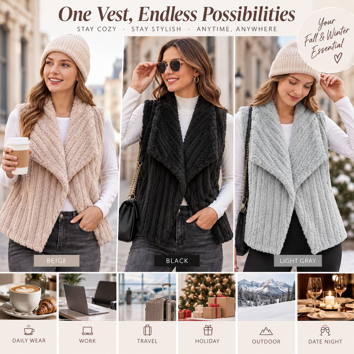Attraco Women's Faux Fur Open Front Sleeveless Vest Soft Plush Shawl Collar Lightweight Layering Jacket