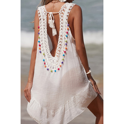 Charmo Women's  Crochet Neckline Pom-Pom Tassel Open Back Sheer Cover Up Dress Beach Dress