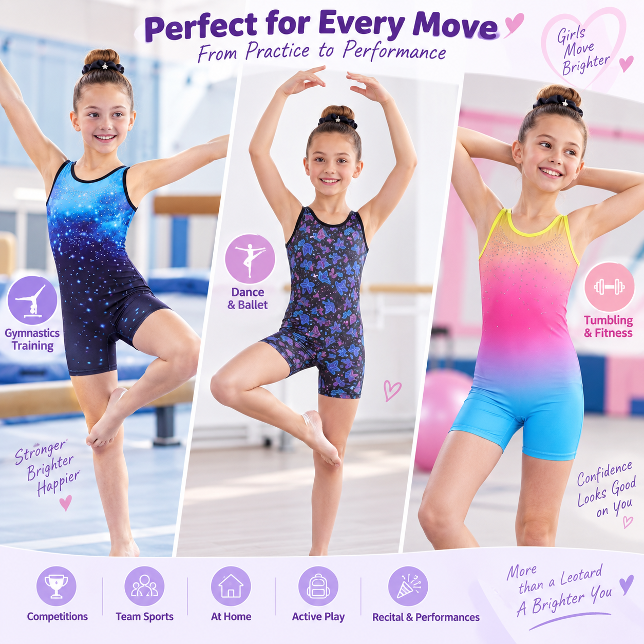 Charmo Girls Sleeveless Gymnastics Biketard Leotard with Rhinestone Detail, Stretch Athletic Unitard for Dance, Ballet, Tumbling and Training 5-12Years