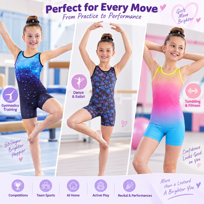 Charmo Girls Sleeveless Gymnastics Biketard Leotard with Rhinestone Detail, Stretch Athletic Unitard for Dance, Ballet, Tumbling and Training 5-12Years