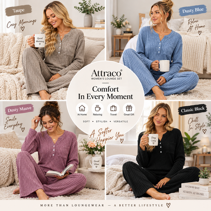 Attraco Women's Ribbed Pajama Set 2 Piece Lounge Set Long Sleeve Henley Top Wide Leg Pants Soft Knit Sleepwear