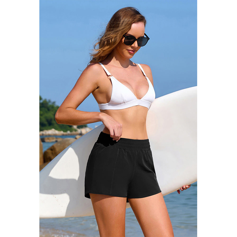 Charmo Women's High Waisted Smocked Swim Shorts with Side Zipper Pockets and Built-in Briefs