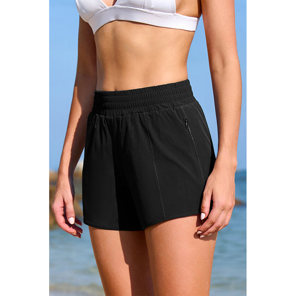Charmo Women's High Waisted Smocked Swim Shorts with Side Zipper Pockets and Built-in Briefs