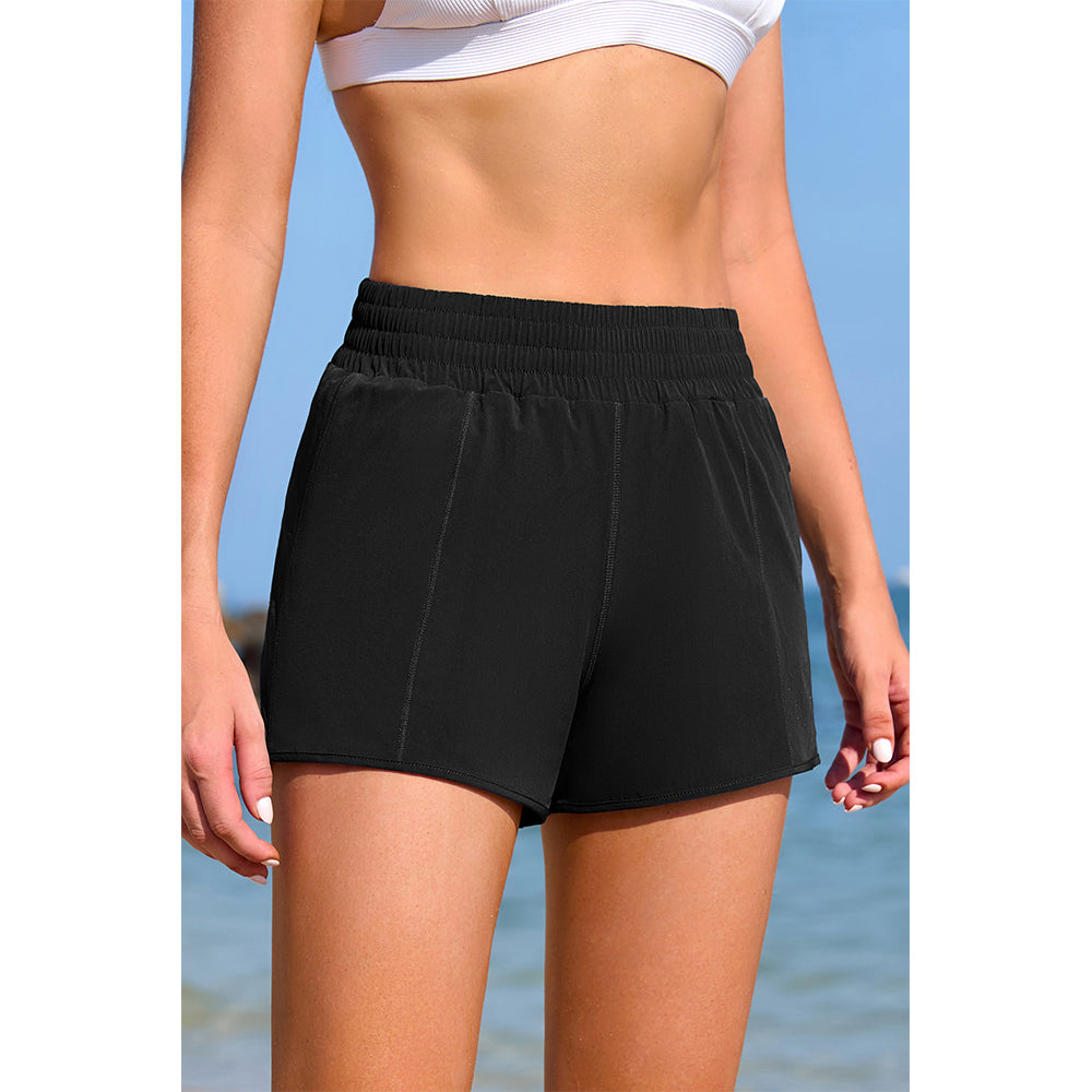 Charmo Women's High Waisted Smocked Swim Shorts with Side Zipper Pockets and Built-in Briefs