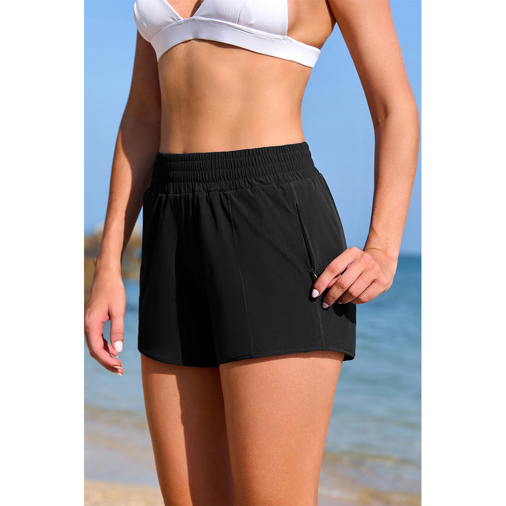 Charmo Women's High Waisted Smocked Swim Shorts with Side Zipper Pockets and Built-in Briefs