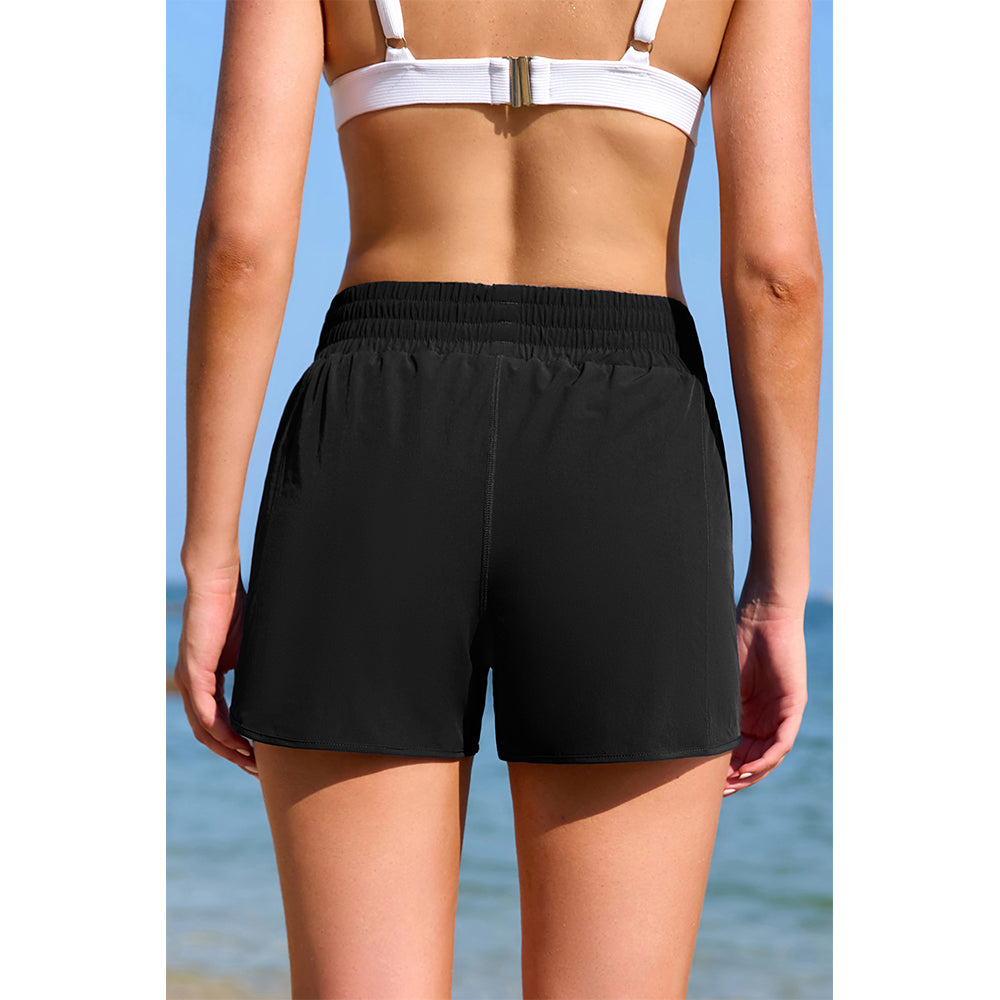 Charmo Women's High Waisted Smocked Swim Shorts with Side Zipper Pockets and Built-in Briefs