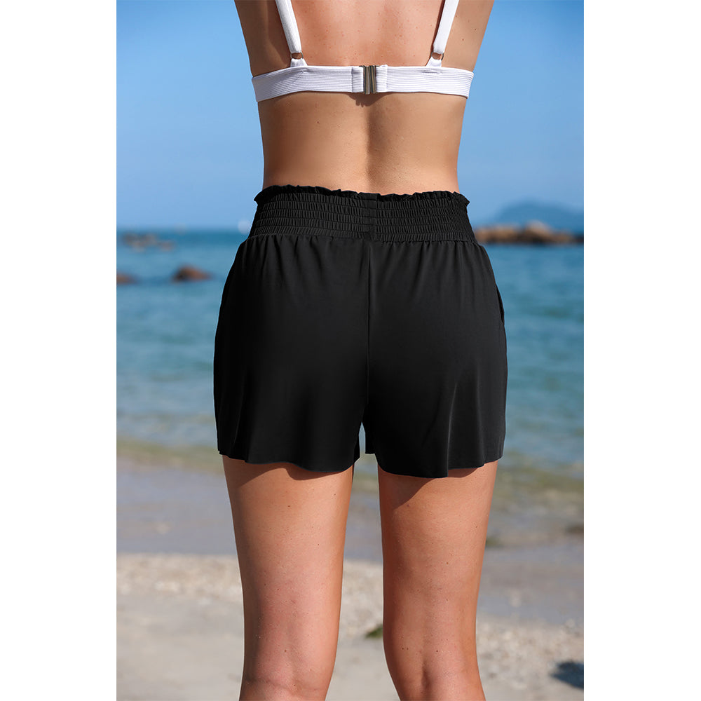 Charmo Women's High Waisted Smocked Ruffled Swim Short with Side Pockets and Built-in Briefs