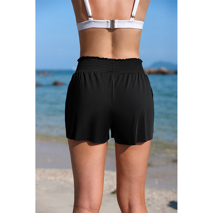 Charmo Women's High Waisted Smocked Ruffled Swim Short with Side Pockets and Built-in Briefs
