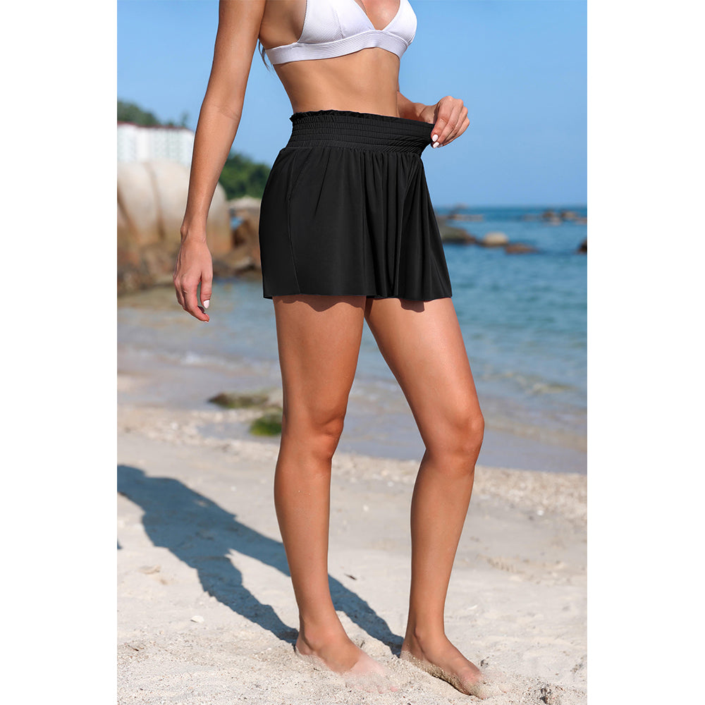 Charmo Women's High Waisted Smocked Ruffled Swim Short with Side Pockets and Built-in Briefs