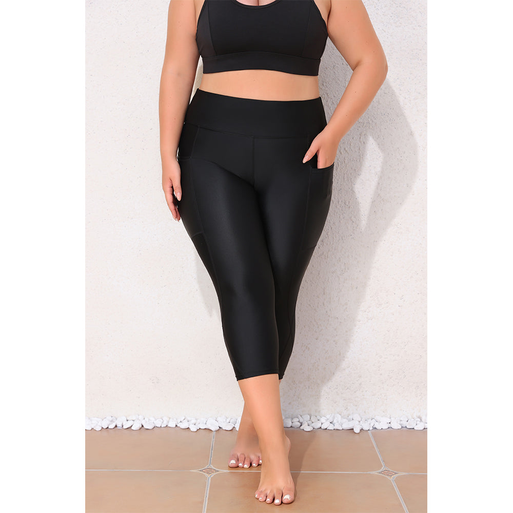 Charmo Women's Plus Size High Waisted Capri Swim Leggings with Wide Waistband and Side Pockets Swim Shorts