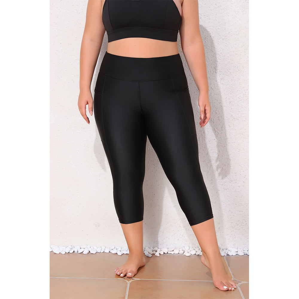 Charmo Women's Plus Size High Waisted Capri Swim Leggings with Wide Waistband and Side Pockets Swim Shorts