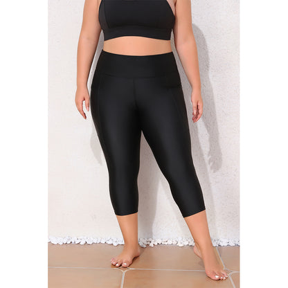 Charmo Women's Plus Size High Waisted Capri Swim Leggings with Wide Waistband and Side Pockets Swim Shorts