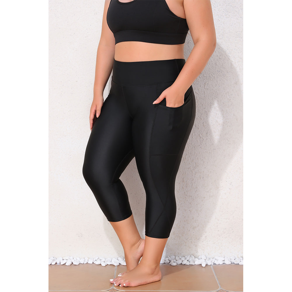 Charmo Women's Plus Size High Waisted Capri Swim Leggings with Wide Waistband and Side Pockets Swim Shorts