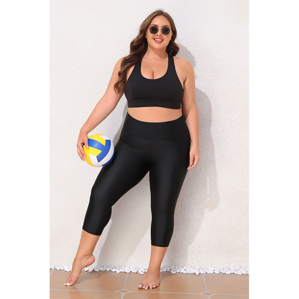 Charmo Women's Plus Size High Waisted Capri Swim Leggings with Wide Waistband and Side Pockets Swim Shorts