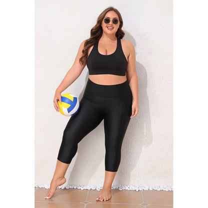 Charmo Women's Plus Size High Waisted Capri Swim Leggings with Wide Waistband and Side Pockets Swim Shorts