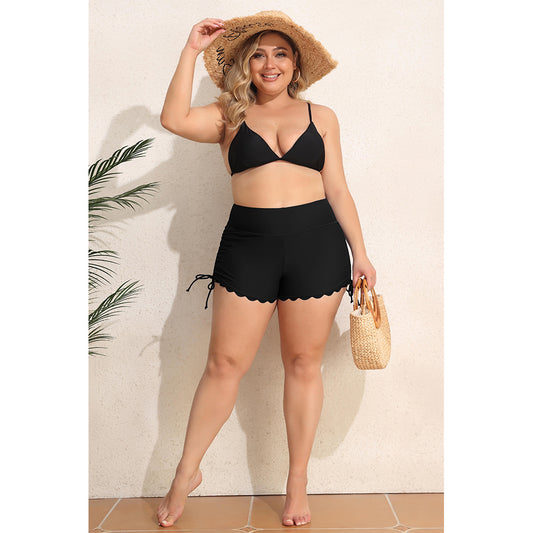 Charmo Women's Plus Size High Waisted Swim Shorts Scalloped Hem Swimsuit Shorts Side Drawstrings Swim Bottom Board Shorts