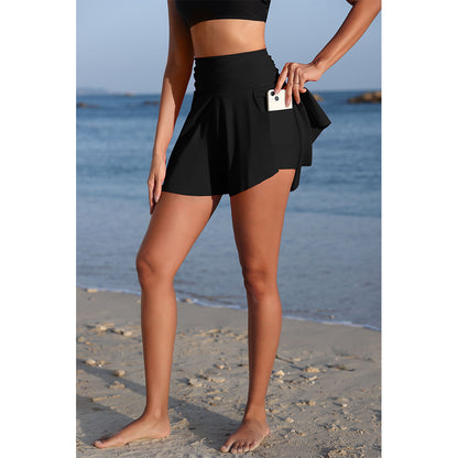 Charmo Women's High Waisted Ruched Swim Skirt with Side Slit, Inner Hidden Pockets and Built-in Briefs