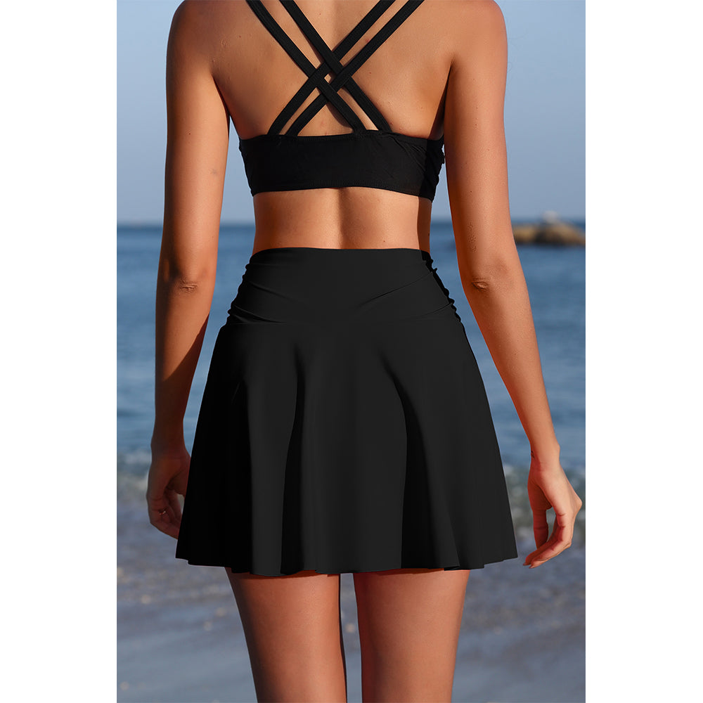 Charmo Women's High Waisted Ruched Swim Skirt with Side Slit, Inner Hidden Pockets and Built-in Briefs
