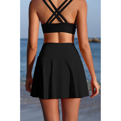 Charmo Women's High Waisted Ruched Swim Skirt with Side Slit, Inner Hidden Pockets and Built-in Briefs