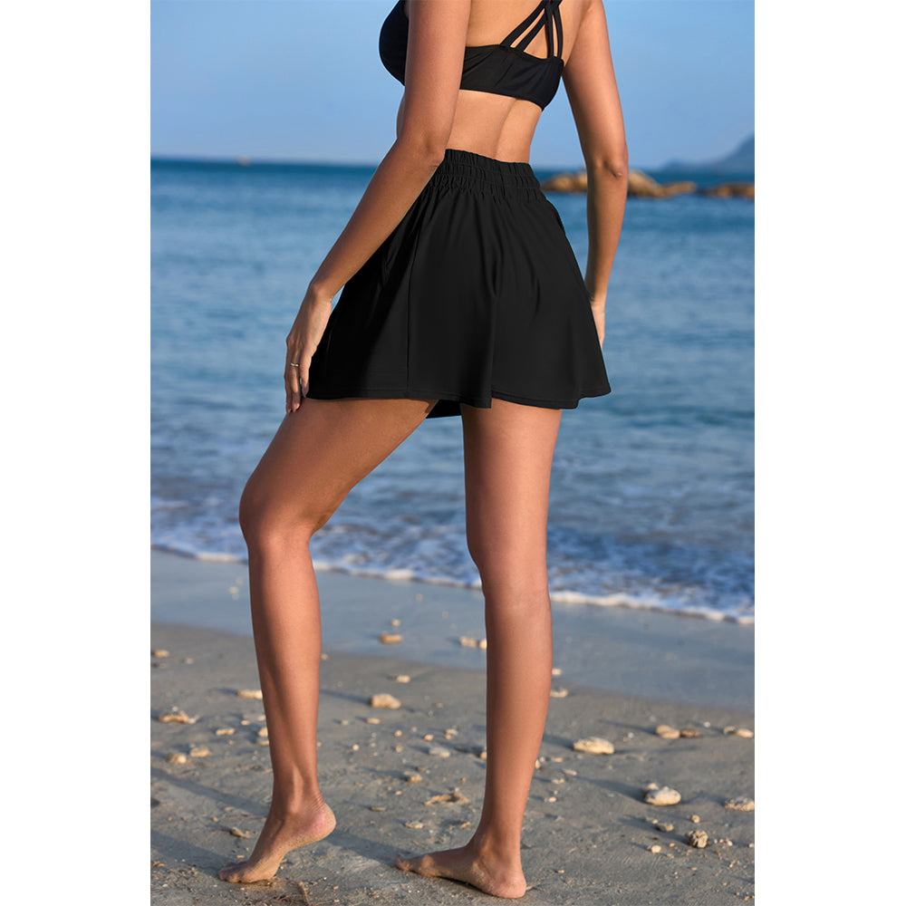 Charmo Women's High Waisted Smocked Drawstring Swim Skirt with Side Zipper Pockets and Built-in Briefs