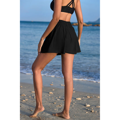 Charmo Women's High Waisted Smocked Drawstring Swim Skirt with Side Zipper Pockets and Built-in Briefs