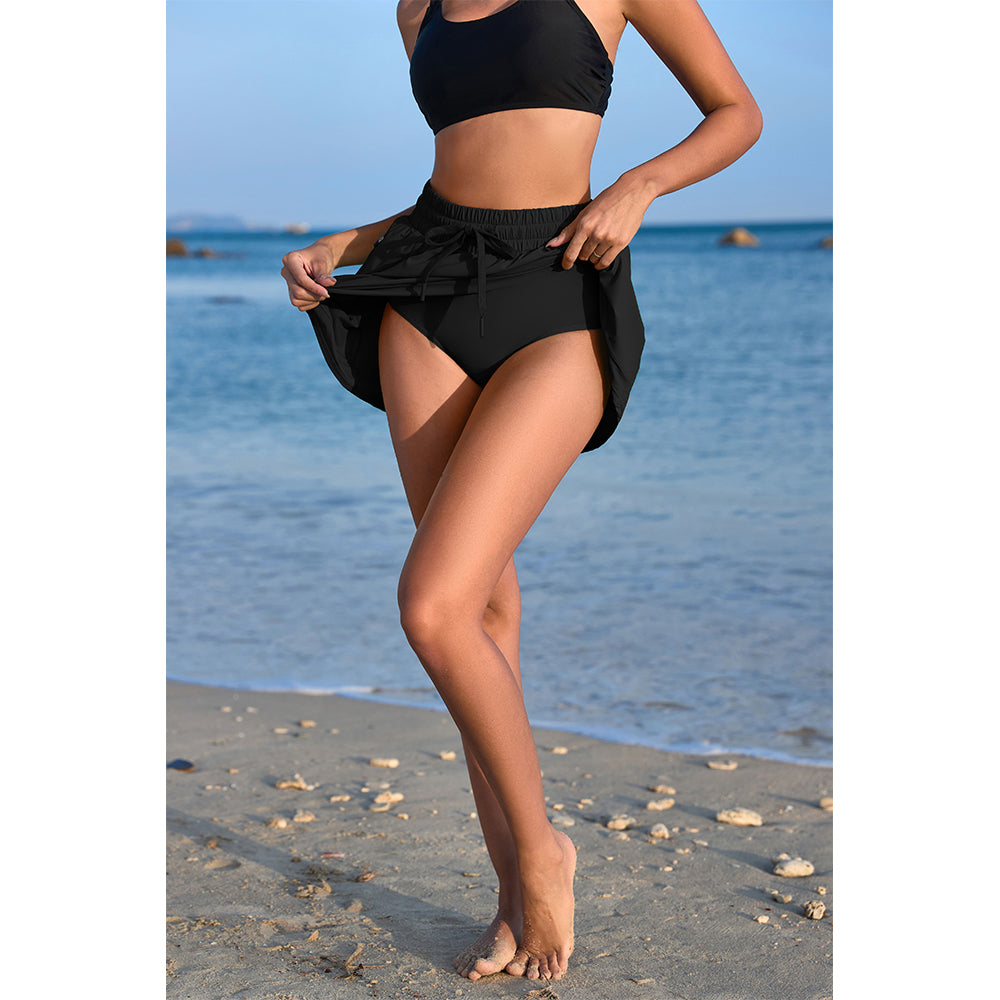 Charmo Women's High Waisted Smocked Drawstring Swim Skirt with Side Zipper Pockets and Built-in Briefs