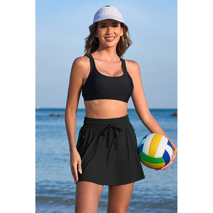 Charmo Women's High Waisted Smocked Drawstring Swim Skirt with Side Zipper Pockets and Built-in Briefs